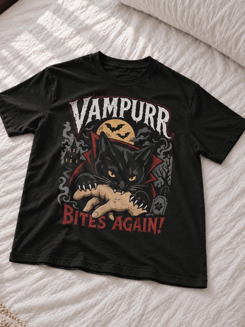 Vampurr Bites Again Black Graphic Cat Tee, Funny Halloween T-Shirt